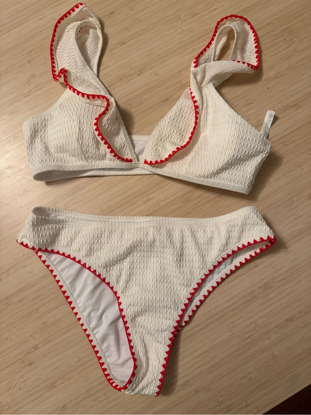 White & Red Trim Textured Bikini Set - Women Swim